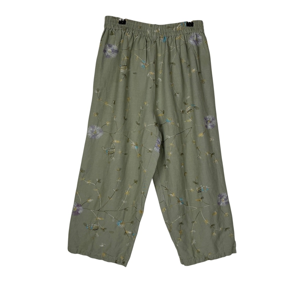 Vintage Pull On Linen Floral‎ Embroidered Wide Leg Cropped Pant Size M Green